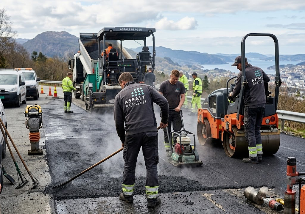 Asfalt Bergen-team i arbeid med veidekke, iført jakker med ny logo